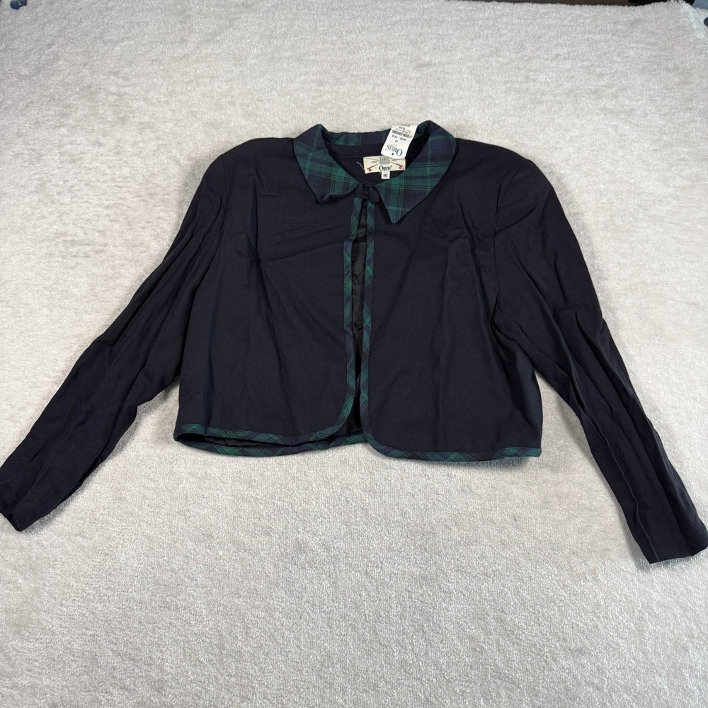 Orvis Womens Black Wool Blend Cropped Jacket Plaid Collar Trim Size 16 697G-1016